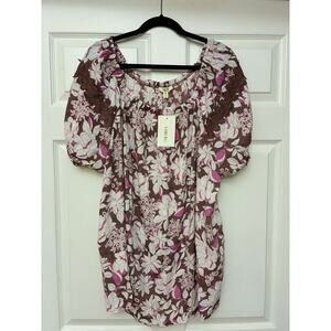 Como Blu Womens 3X Floral Peasant Blouse Lace Shoulder Short Sleeve NWT